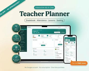 Interactive Teacher Planner App, Gradebook, Attendance, Lessons (Instant Download)