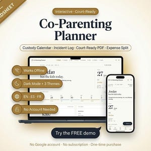 Co-Parenting Planner Interactive, Custody Calendar, Incident Log, Court-Ready PDF, Shared Expenses, Parenting Plan Template