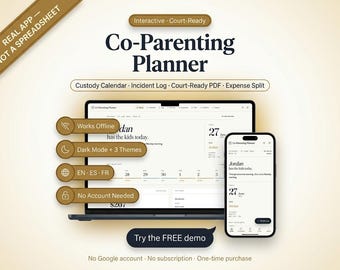 Co-Parenting Planner Interactive, Custody Calendar, Incident Log, Court-Ready PDF, Shared Expenses, Parenting Plan Template