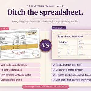 Renovation budget tracker vs old spreadsheet — interactive auto-totals, mobile-friendly, and fully offline beats a manual home renovation Excel or Google Sheets template every time.
