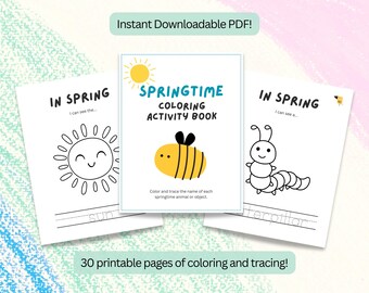 Libro da colorare primaverile per bambini / Libro di attività con animali e fiori (download digitale)