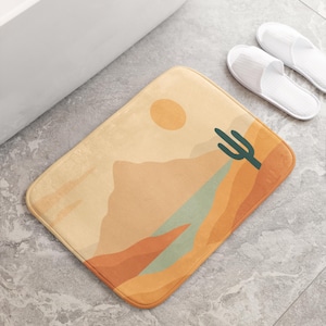 Boho Bath Mat with Cactus – Soft Non Slip Bathroom Rug for Her, Retro Desert Aesthetic Mat, Earth Tone Mid Century Decor Gift