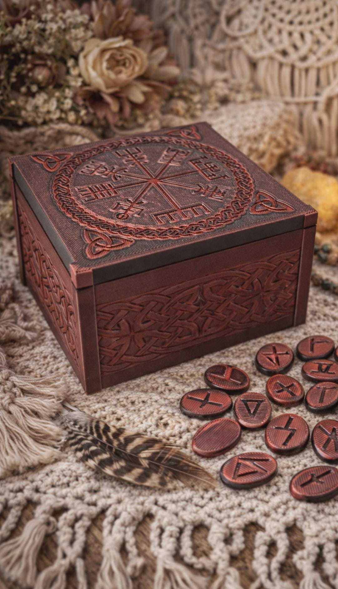 Set De Runes Nordiques En Bois – 13 Runes Gravées + 1 Vierge + Boîte – Divination, Méditation – Cadeau Spirituel