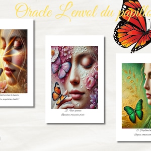 Peut inclure: Trois impressions d'art représentant des femmes avec des papillons. Les impressions ont un style doux et pictural avec des couleurs chaudes. Le texte "Oracle L'envol du papillon" est en haut. Chaque impression a un papillon différent et du texte en bas.
