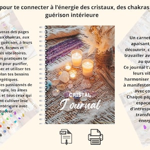 May include: A spiral-bound journal titled "Cristal Journal" with the text "39 pages to connect you to the energy of crystals, chakras, and inner healing." The cover features crystals, candles, and text. Additional pages with text and diagrams are visible.