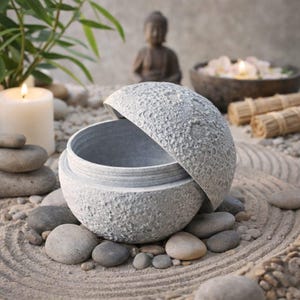 Puede incluir: Un recipiente esférico gris texturizado con tapa, sobre arena con piedras lisas. Una vela encendida, bambú y una pequeña estatua de Buda en el fondo, creando un ambiente sereno tipo spa.