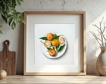 Könnte beinhalten: Aquarellmalerei eines weißen Tellers mit Orangenscheiben und grünen Blättern. Der Teller befindet sich auf einem weißen Hintergrund.