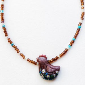 Handmade Hen Pendant Necklace – Chicken Jewelry – Rustic Farm Animal Necklace – Polymer Clay Chicken – Beaded Necklace, Nature Lover Gift