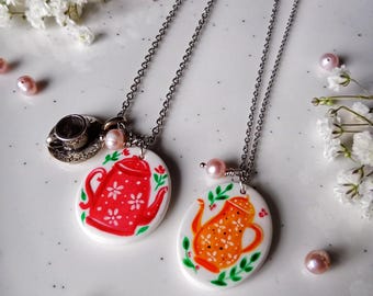 Handmade Teapot Necklace – Polymer Clay Pendant, Stainless Steel Chain