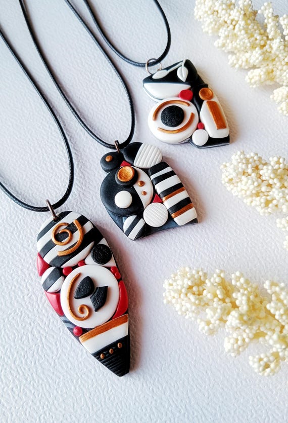 Geometric Polymer Clay Pendant, Modern Necklace, Black and White