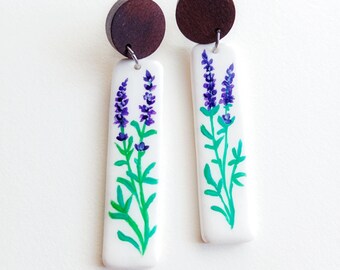 Hand-Painted Lavender Earrings | Polymer Clay & Wood Studs | Botanical Jewelry for Nature Lovers