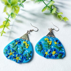 Handmade Floral Polymer Clay earrings – Colorful Statement Jewelry for Nature Lovers, Gift for Her, Floral Earrings, blue and yellow earring