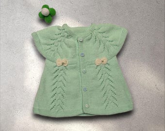 Handmade Mint Green Knit Baby Cardigan with Bows