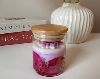 Handmade Floral Soy Candle | Purple Gold Wax Topper, Vanilla Coconut Scent