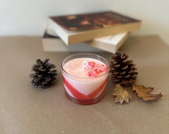 Handmade Fall Soy Candle – Layered Red and Cream, Maple Leaf Decor