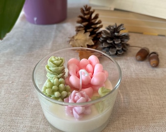 Handmade Floral Soy Candle in Glass Jar: Pastel Succulent Décor