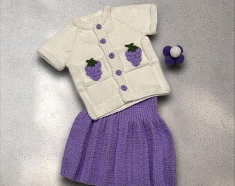 Baby Girl Knit Set – White Grape Cardigan with Purple Skirt, Toddler Outfit