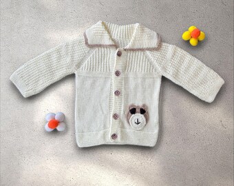 Handmade Knitted Baby Cardigan: Cream Sweater with Bear Appliqué