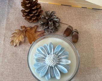 Handmade Layered Soy Candle: Blue White Glitter Floral Top