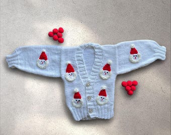 Hand-Knitted Christmas Baby Cardigan – Santa Sweater, Size 2-3 Years