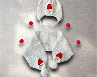 Hand Knitted Baby Santa Hat and Scarf Set - Acrylic Christmas Outfit