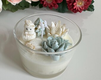 Handmade Winter Soy Candle | Snowman, Succulent & Christmas Tree