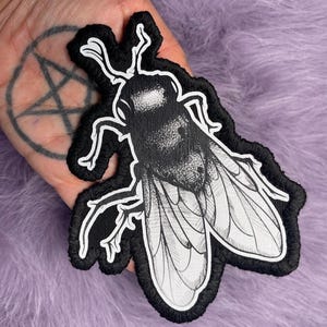 Fly Patch Iron On | Gothic Insect Patch | Large Handmade Sew On Patch | Black & White Embroidered Look | Nocturne I Collection Creatures