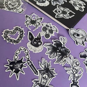 Complete Gothic Blackwork Tattoo Flash Collection – 12 Dark Aesthetic Vinyl Stickers by Tattoo Artist based in Spain NOCTURNE 1 collection