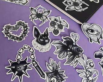 Complete Gothic Blackwork Tattoo Flash Collection – 12 Dark Aesthetic Vinyl Stickers by Tattoo Artist based in Spain NOCTURNE 1 collection