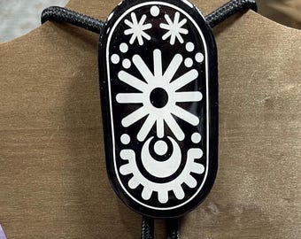 Western Bolo Tie – Tattoo Style Moon and Stars Blue Ornament, Handmade Western Necklace