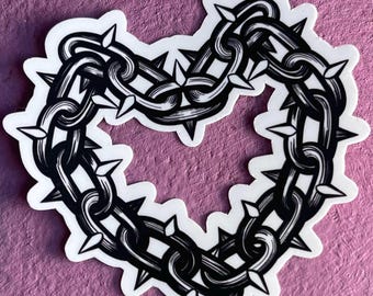 Spiked Heart shaped Chain Sticker – Gothic Tattoo Flash Glossy Vinyl Decal, Laminated Dark Alternative Art