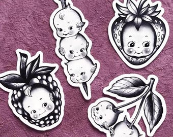 Magnets set, Kewpie Fruit Magnets Set – Gothic Kawaii Tattoo Style Magnets, Handmade Blackwork Illustrations, Cute Horror Decor (4 magnets)