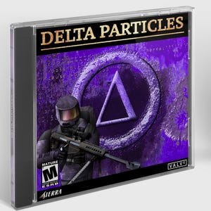 Puede incluir: Una caja de juego de video con un fondo morado y blanco. El título "DELTA PARTICLES" está en letras doradas. Un triángulo morado está en un círculo con un contorno blanco. Un soldado con un traje negro y casco está sosteniendo un rifle. El juego está clasificado como "Mature" por la ESRB y es publicado por Sierra y Valve.