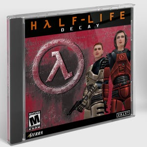 May include: A video game case with a red background and a white Lambda symbol. The title "HALF-LIFE DECAY" is printed in white on a black bar at the top of the case. Two characters are shown in the foreground, one in a red suit and the other in a white suit. The case also features the ESRB Mature rating logo and the word "VALVE" in white on a black bar at the bottom of the case.
