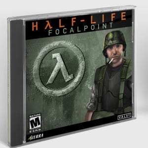 May include: A video game case with a green and black background. The case features the Half-Life logo and the text "Focalpoint". A character from the game is depicted on the right side of the case. The case is rated "Mature" by the ESRB and is published by Sierra.