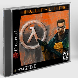 May include: A Dreamcast game case with a black background and a orange and gray image of a character from the game Half-Life. The character is holding a gun and the game's logo is in the background. The text "HALF-LIFE" is at the top of the case and "SIERRA VALVE" is at the bottom. The game is rated "M" for Mature by the ESRB.
