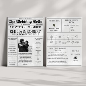May include: Two wedding announcement prints. The left print is a newspaper-style design with the headline "The Wedding Bells" and the names Emilia & Robert. The right print details the wedding location, timeline, and trivia.