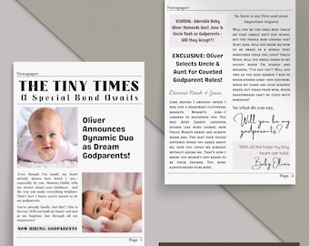 May include: Newspaper-style announcement with baby photos, text: "THE TINY TIMES a Special Bond Awaits." Headline: "Oliver Announces Dynamic Duo as Dream Godparents!" Includes text about godparents and a request. Bundle of 2 sizes and 3 designs.