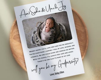 May include: A white card with a photograph of a newborn baby wrapped in a blanket. The card has the text "Aunt Sophie & Uncle Joy" at the top and "will you be my Godparents?" at the bottom. The card is on a wooden plate.