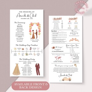 Può includere: Un modello di invito a nozze con un design fronte e retro. Il fronte presenta i nomi "Amanda & Clark", i dettagli del matrimonio e una timeline. Il retro include curiosità, premi per gli ospiti e un messaggio di ringraziamento.