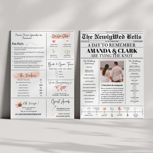 May include: Two wedding newspaper-style prints with black text on a white background. One print details fun facts and numbers, the other lists the wedding party and ceremony details. The prints are personalized with the couple's names.