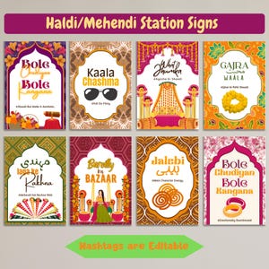 Może przedstawiać: Zbiór ośmiu kolorowych znaków stacji Haldi/Mehendi z różnymi wzorami i tekstami. Znaki zawierają frazy takie jak "Bole Chudiyan" i "Kaala Chashma" z edytowalnymi hashtagami. Zaprojektowane na indyjskie uroczystości weselne.