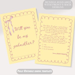 May include: Two light yellow cards with a pink scalloped border. One card asks "Will you be my godmother?" with a pink bow. The other card has a poem and asks for a response. Text at the bottom says "FULLY EDITABLE CANVA TEMPLATE."