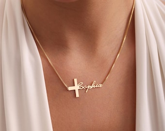 Cross Name Necklace, Cross Necklace, Cross Jewelry, Gold Name Necklace, Dainty Name Necklace, Mothers Day Gift, Gift for Her, Gift for Mom