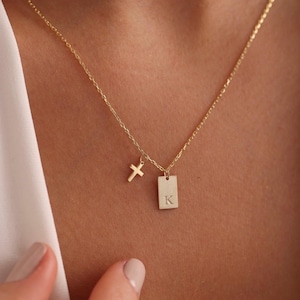 Personalized Cross Bar Necklace, Bar Cross Necklace, Gold Bar Necklace, Initial Tag Necklace, Cross Necklace, Mothers Day Gift, Mom Gifts
