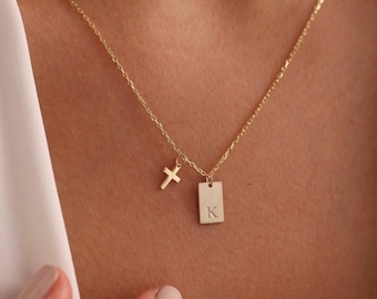 Personalisierte Kreuz Bar Halskette, Bar Kreuz Halskette, Gold Bar Halskette, Initial Tag Halskette, Kreuz Halskette, Muttertagsgeschenk, Mom Geschenke