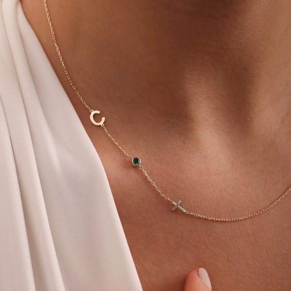 Personalized Initial Birthstone Cross Necklace, Sterling Silver Sideways Necklace