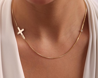 Sideways Cross Name Necklace, Birthstone Cross Necklace, Cross Jewelry, Dainty Name Necklace, Mothers Day Gift, Gift for Her, Gift for Mom