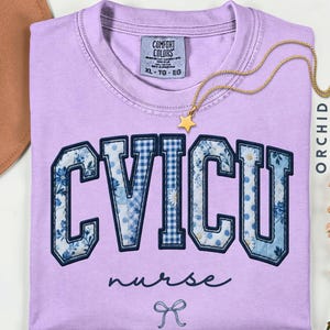 CVICU Nurse Comfort Colors T-Shirt, Floral Patchwork Varsity RN LPN Tee