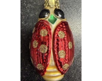 Vintage Christborn Ladybug Glass Christmas Ornament 3" Hand Painted Germany